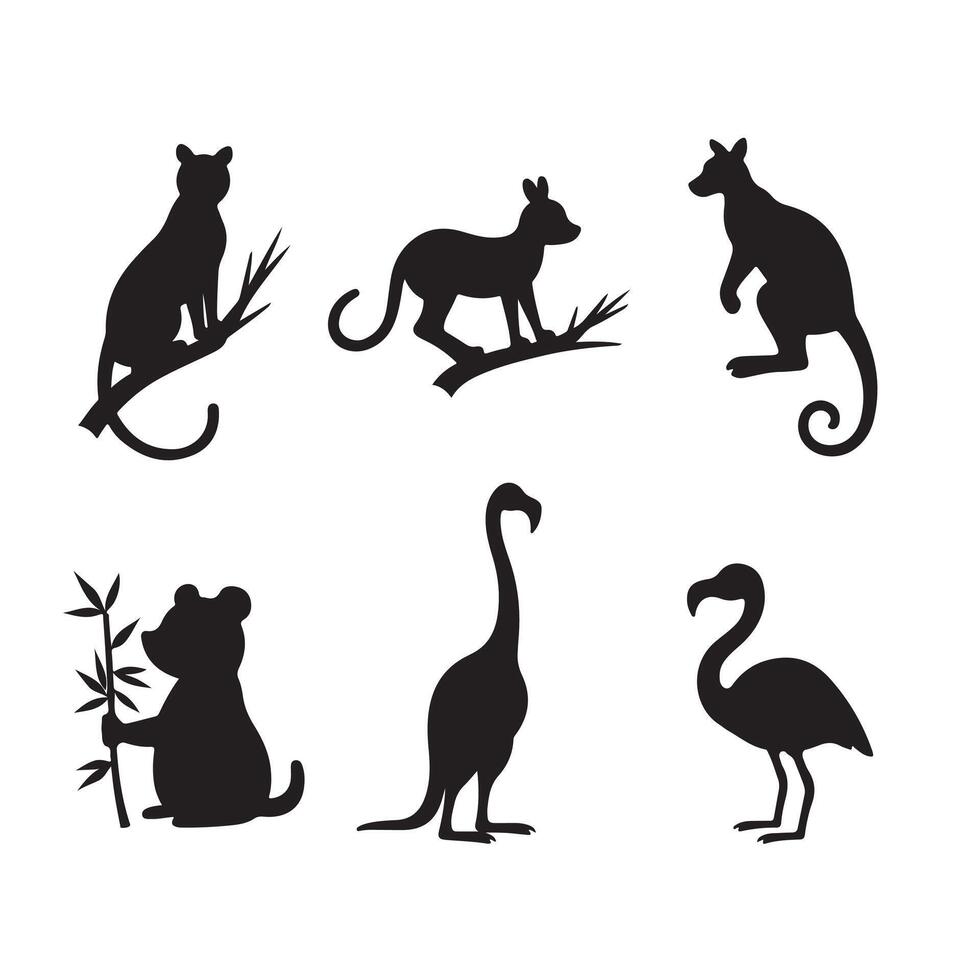 Tropical Wildlife Including Flamingos, Pandas, and Lemurs Presented in an Exotic Animal Silhouette Bundle for Creative Projects vector
