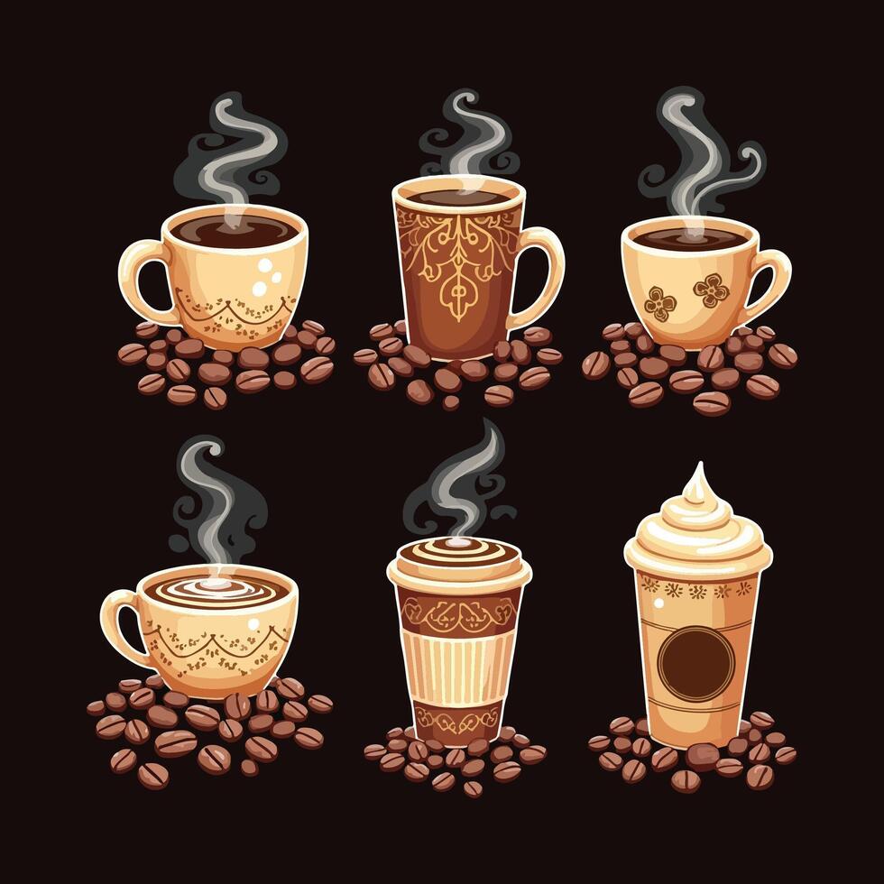 Coffee mug and cup illustration bundle with steaming drinks and coffee beans, perfect for coffee lovers, and hot beverage themes vector
