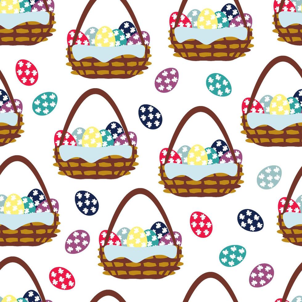Seamless pattern easter basket with colorful eggs vector