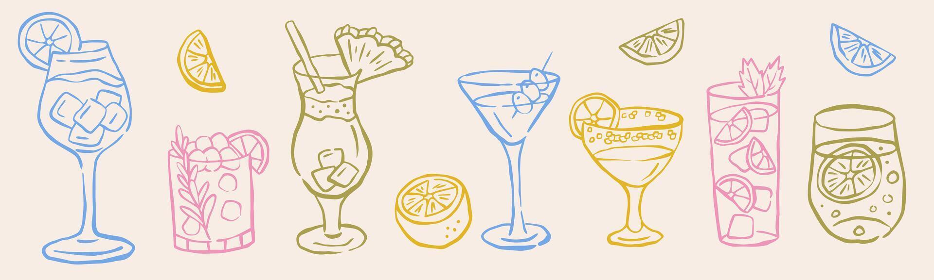 Cocktails alcoholic martini, aperol spritz in ink doodle style. Hand drawn collection of drink. Italian style wedding dinner icons. vector