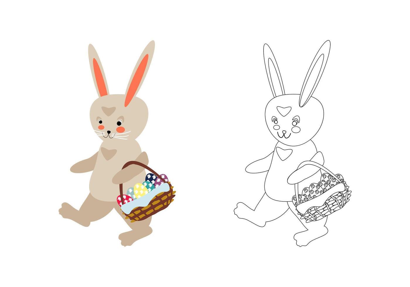 Coloring book bunny walking with a basket of Easter eggs vector