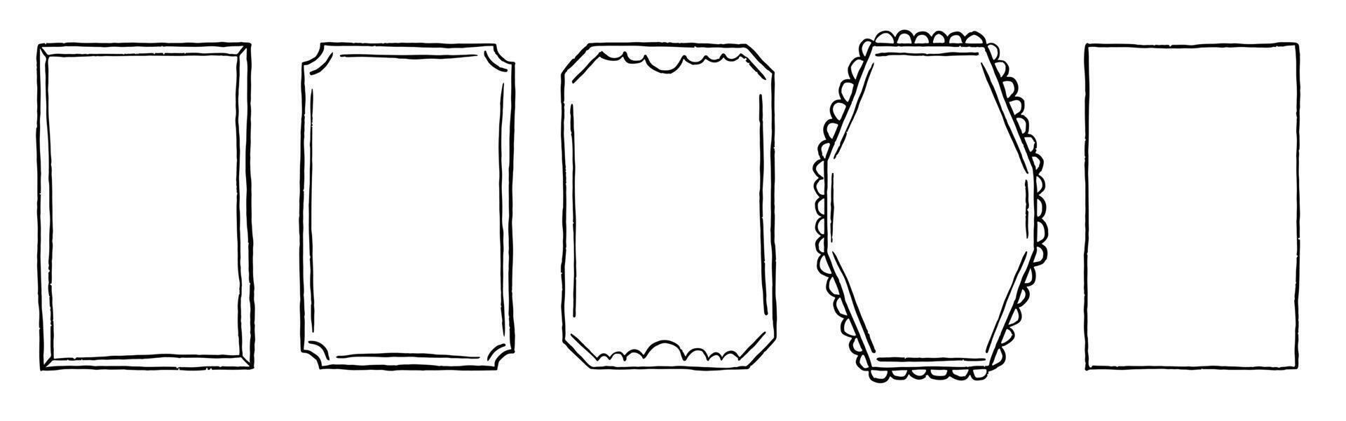 Set of elegant whimsical hand-drawn frames in trendy vintage styles. Simple chalk hand drawn borders. Rectangle shape vector