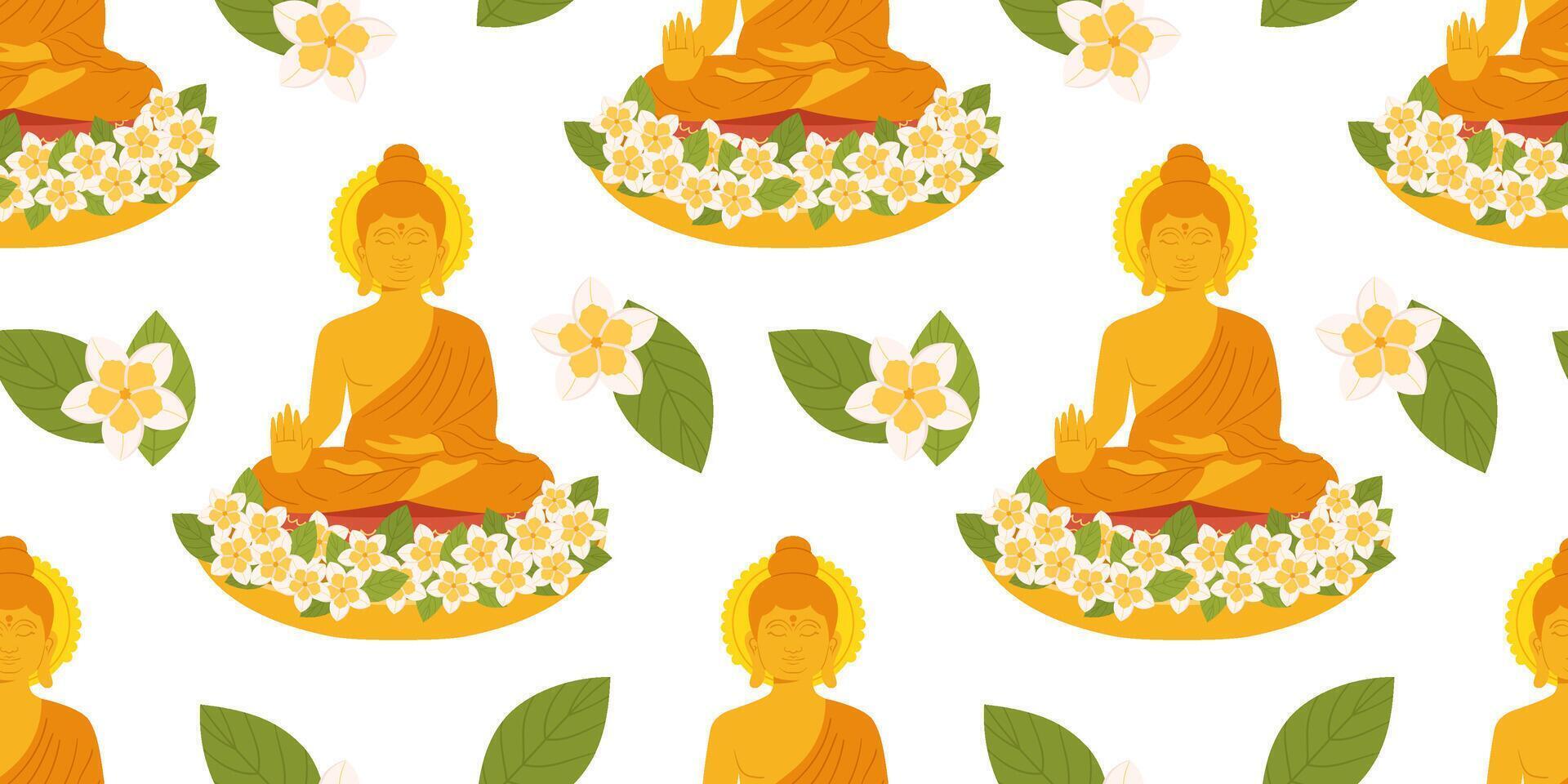 Seamless Buddha Meditation Pattern with Flowers and Leaves, Spiritual and Floral Design, Perfect for Wallpapers, Textiles, Religious Art, and Yoga Decor vector