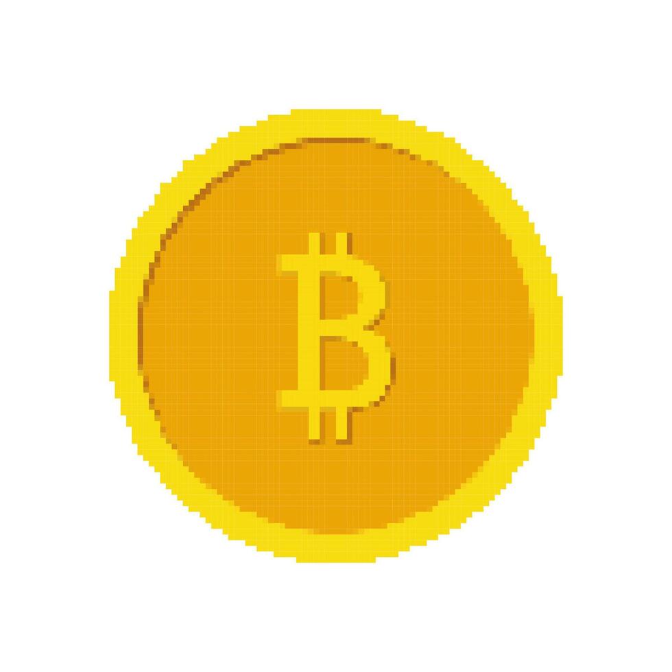Golden Bitcoin Icon in Pixel Art Style. Digital Cryptocurrency for Blockchain Transactions. Gold Crypto Coin for Digital Economy. Isolated Illustration vector