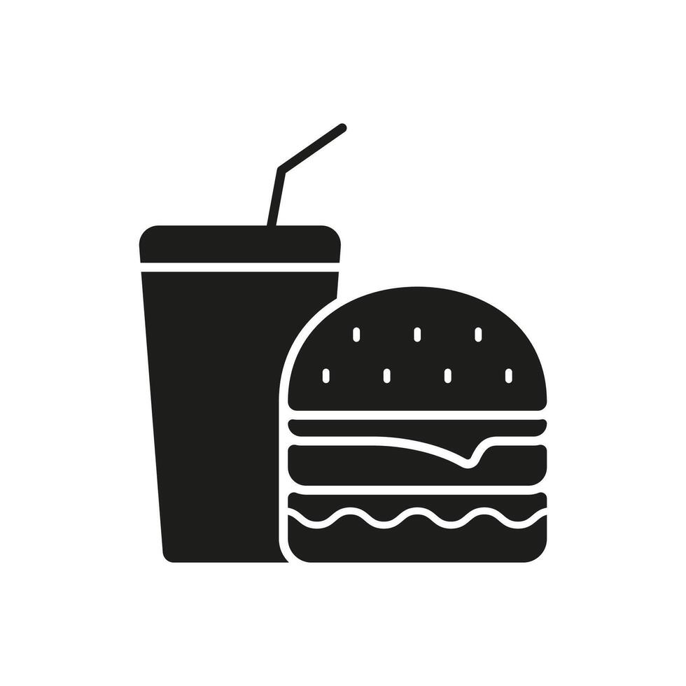Burger And Drink Silhouette Icon. Junk Food And Fast Food Meal With Beverage And Sandwich For Unhealthy Diet Choices. Isolated Illustration vector