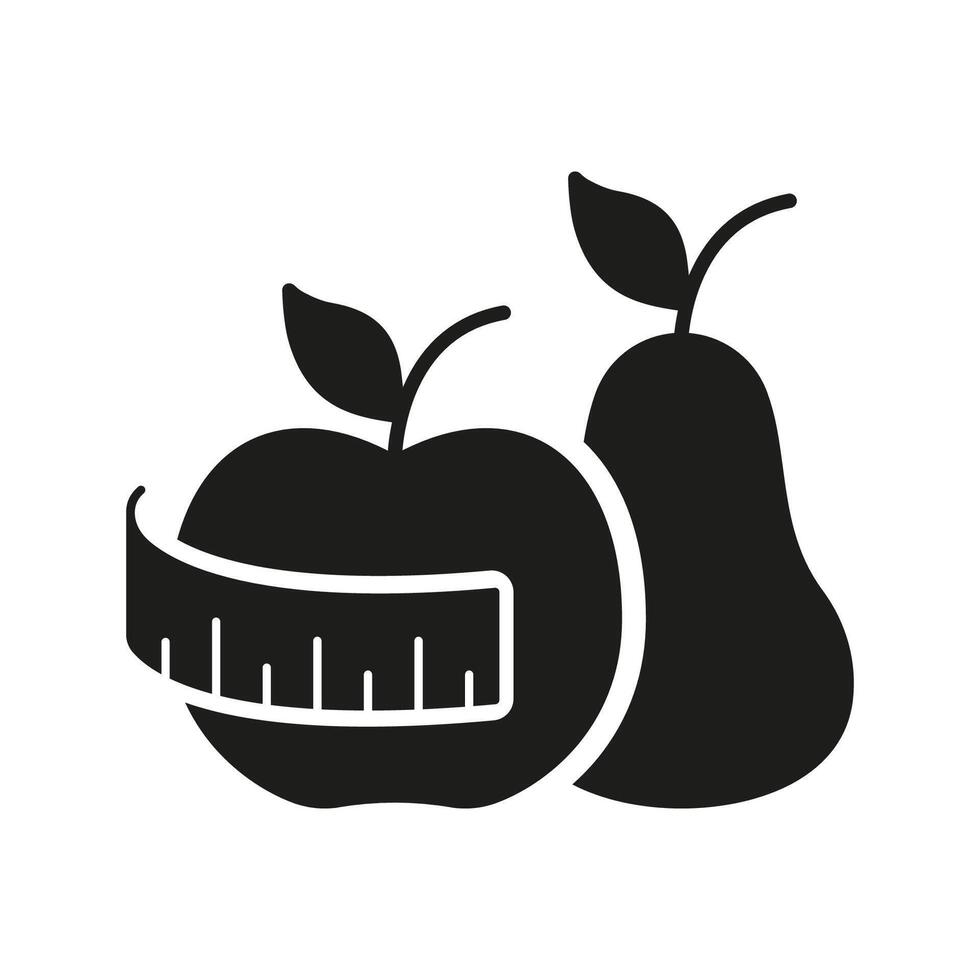 Apple And Pear With Measuring Tape Solid Icon, Nutritious Food Choices, Diet And Weight Control. Nutrition And Wellness Silhouette Icon. Isolated Illustration vector