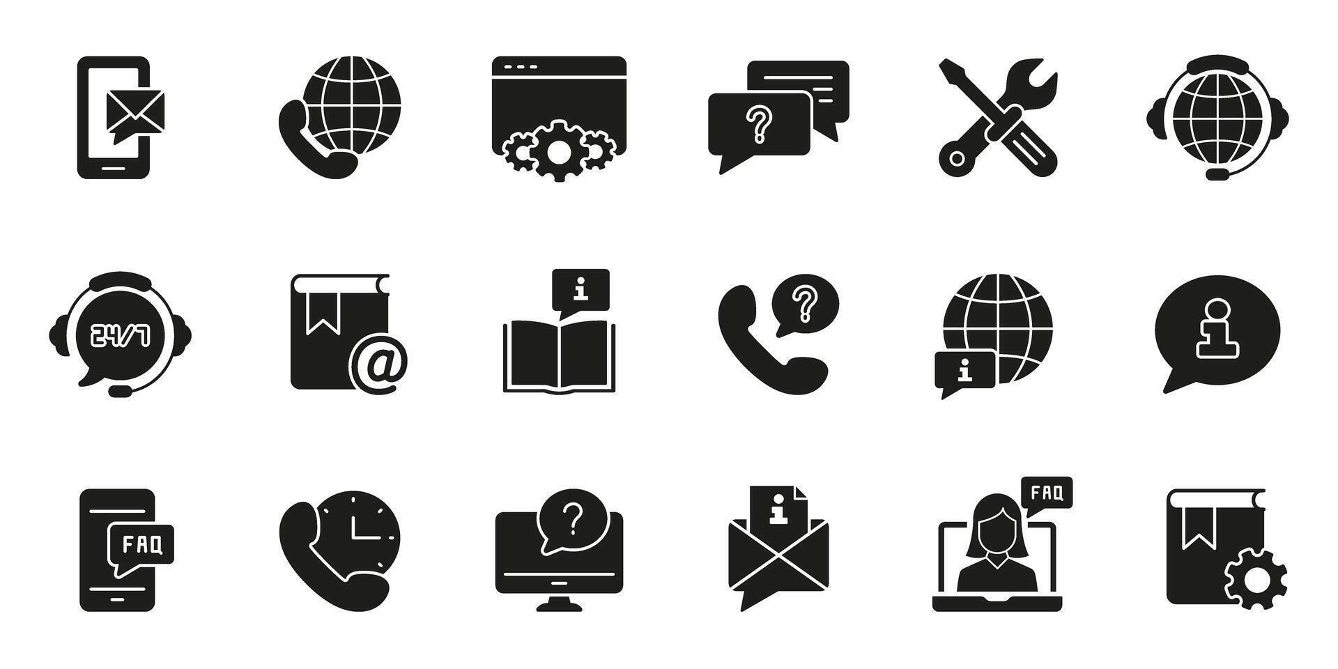 Customer Support Tools Silhouette Icon Set. Global Communication, FAQ, Online Assistance Glyph Symbol Collection. Isolated Illustration vector