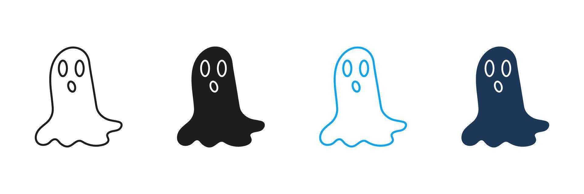 Scary Ghost Line and Silhouette Icon Set. Spooky Halloween Spirit Symbol. Editable Stroke. Isolated Illustration vector
