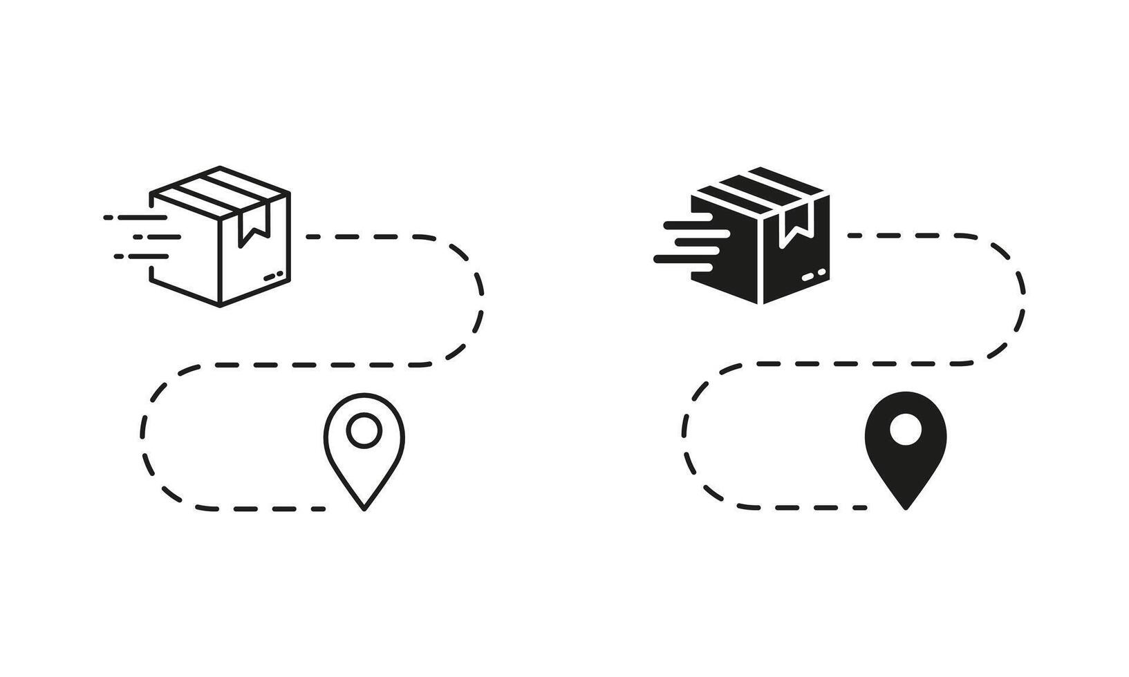 Order Route Sign. Shipment Distance, Pin on Map with Box Line and Silhouette Icon Set. Delivery Service Path Symbol. Editable Stroke. Isolated Illustration vector