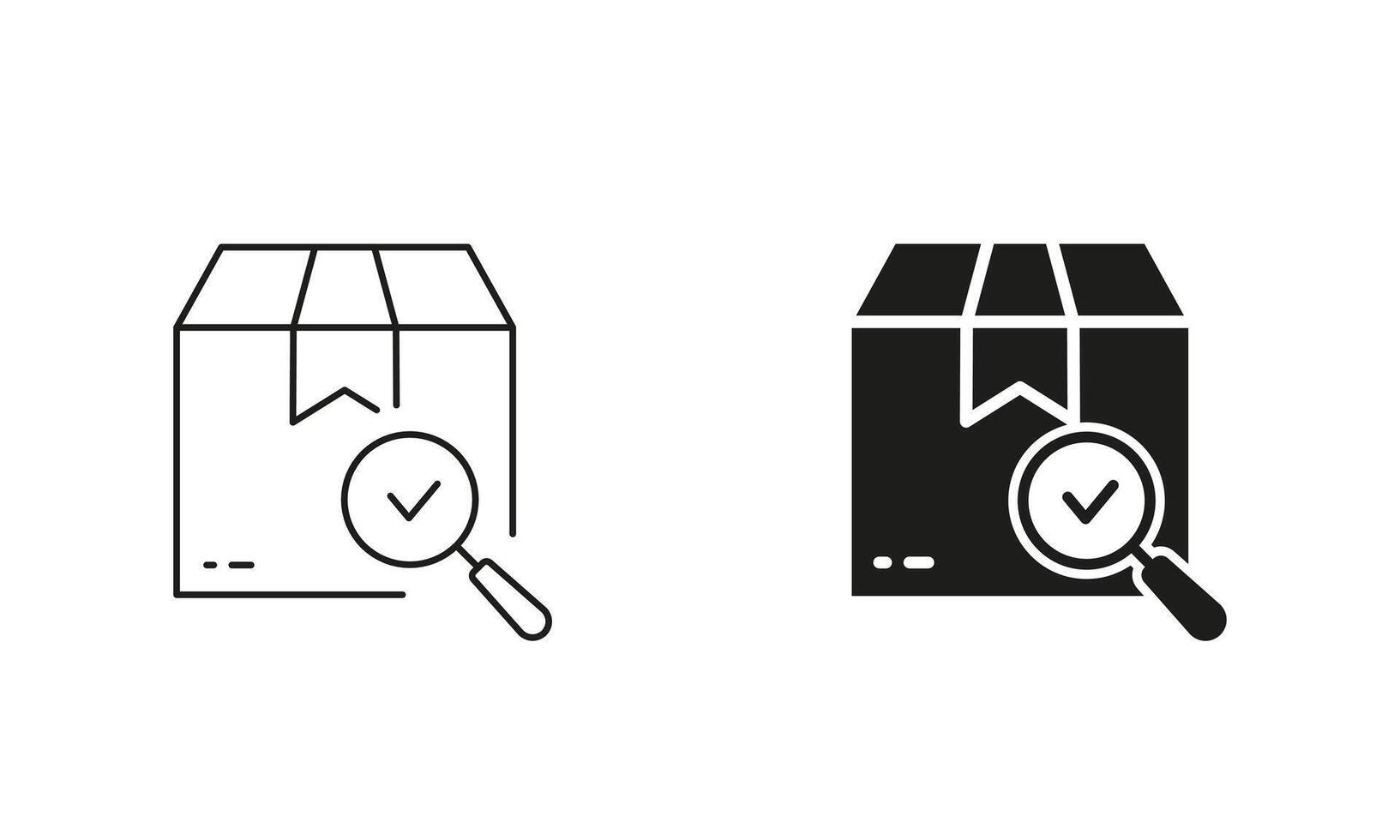 Check Parcel Pictogram. Carton Box with Magnifier and Checkmark Line and Silhouette Icon Set. Editable Stroke. Isolated Illustration vector