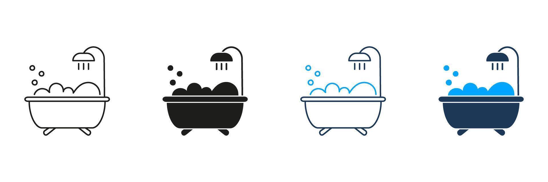 Bathtub with Showerhead and Bubbles Line and Silhouette Icon Set. Relaxing Bath Time with Foam Symbol. Editable Stroke. Isolated Illustration vector
