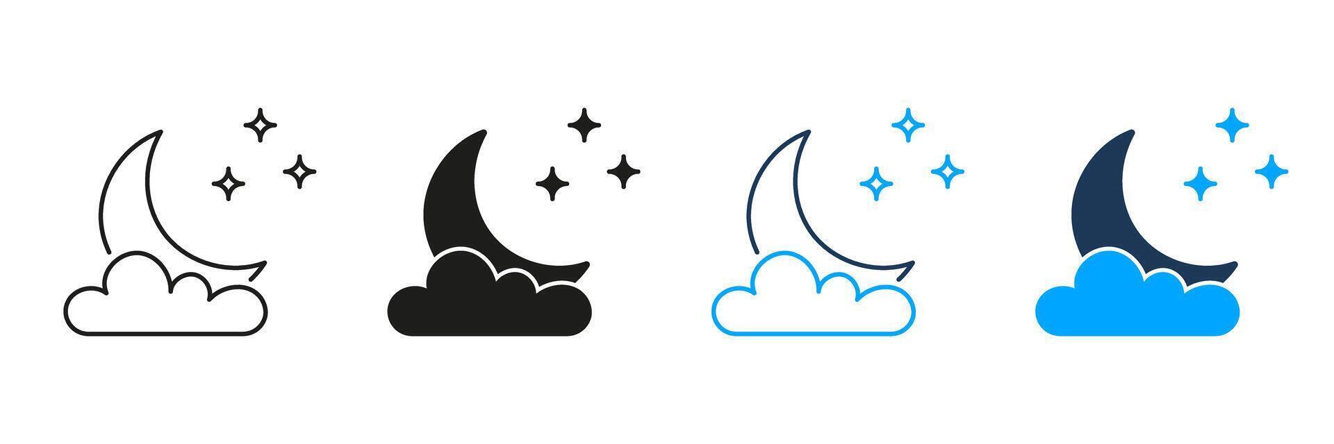 Crescent Moon with Cloud and Stars Line and Silhouette Icon Set. Peaceful Nighttime Sky Symbol. Editable Stroke. Isolated Illustration vector