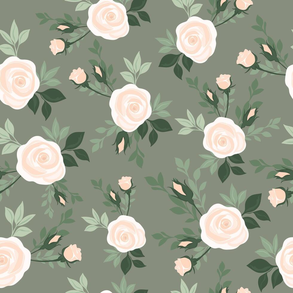 White roses on a green background, seamless pattern. Pattern with roses for fabric, packaging, wedding, invitation, cover. vector