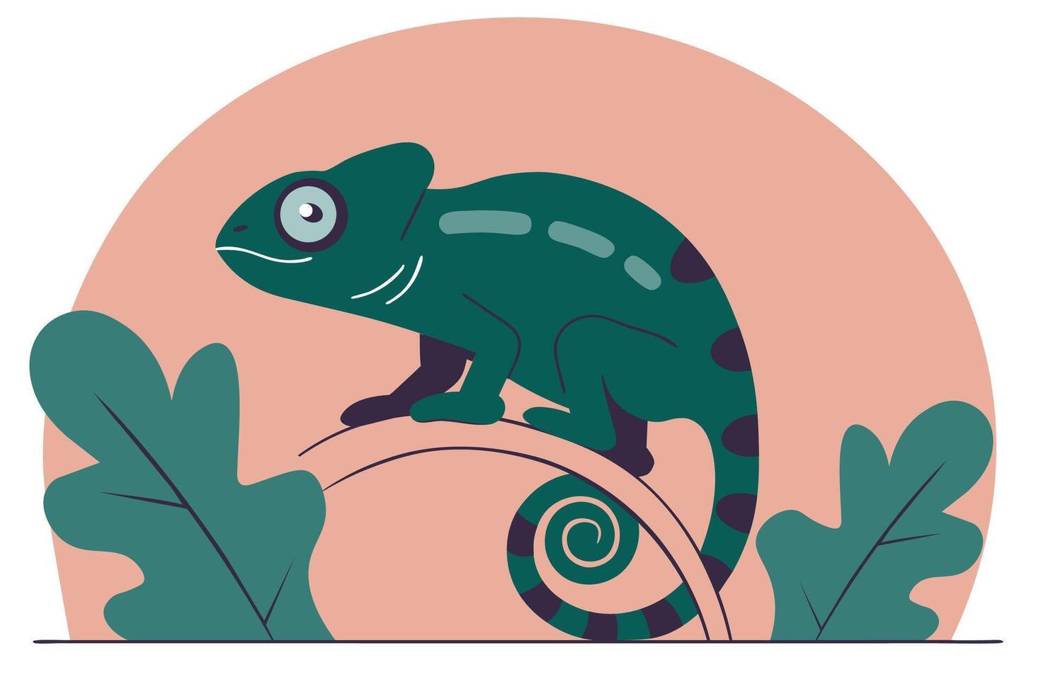 Cartoon green chameleon in flat style in wild nature jungles illustration vector