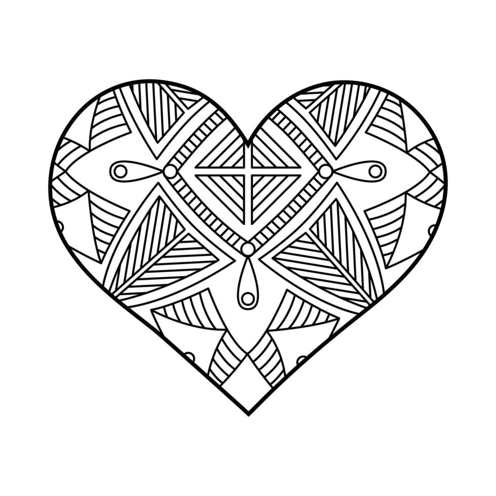 Linear heart illustration with geometric striped pattern. Outline mandala ornaments on white. Valentine's Day coloring page vector