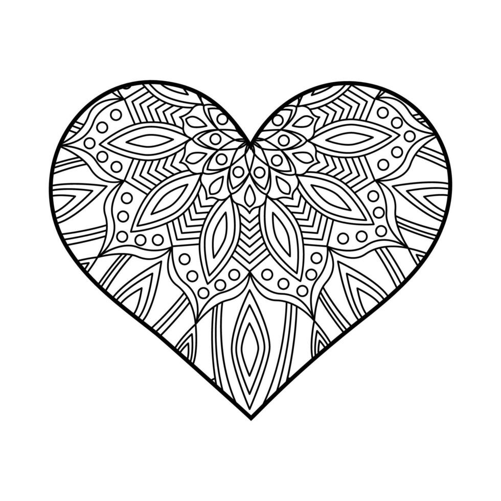 Heart linear illustration with lace pattern. Outline mandala ornaments on white. Valentine's Day coloring page vector