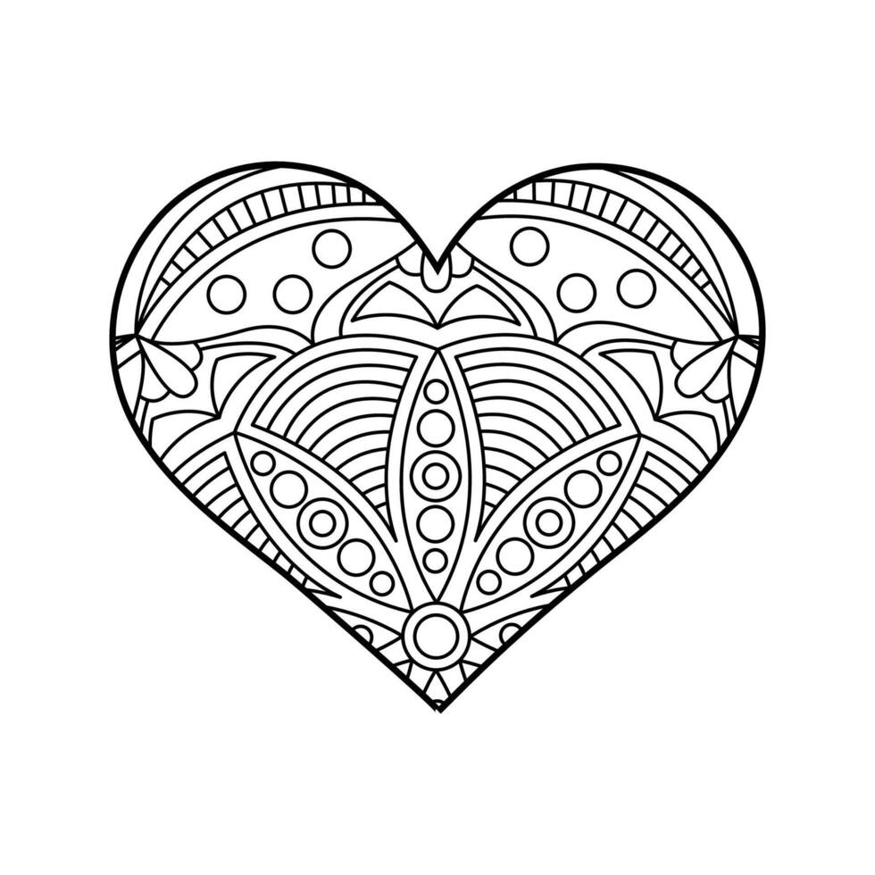 Linear heart with mandala ornament for adult coloring page. Isolated on white background heart shape outline illustration vector