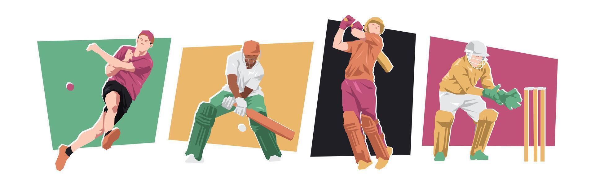 Set of male cricket athlete players with different poses. Isolated on white background. Flat character illustration. vector
