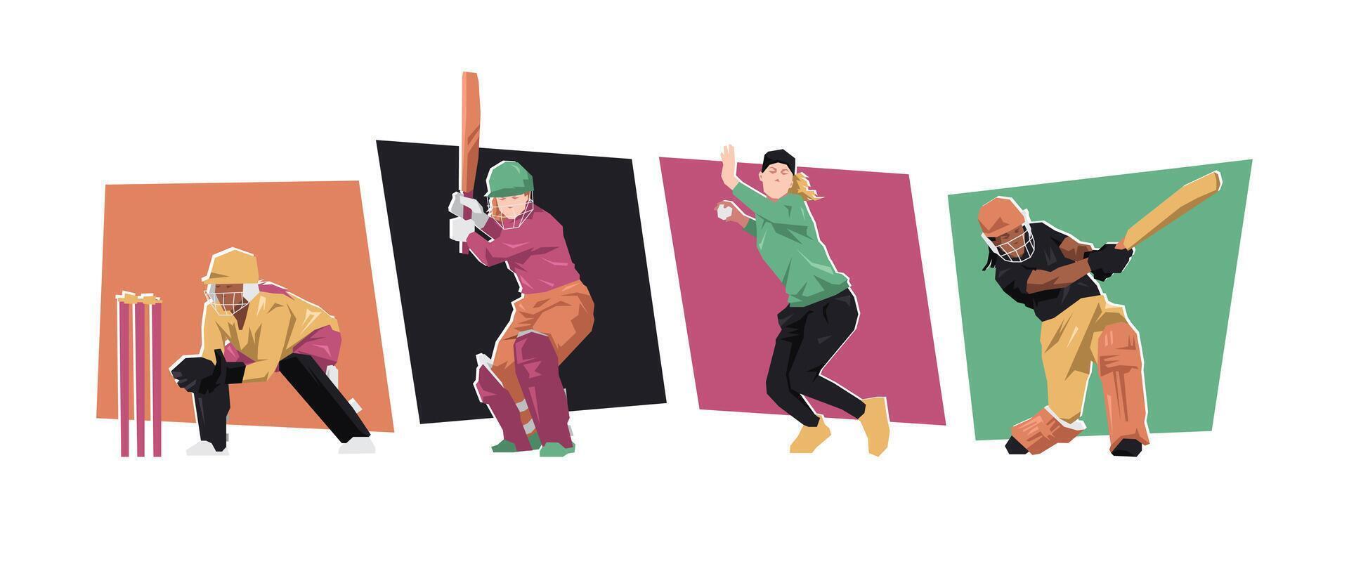 Set of female cricket athlete players with different poses. Isolated on white background. Flat character illustration. vector