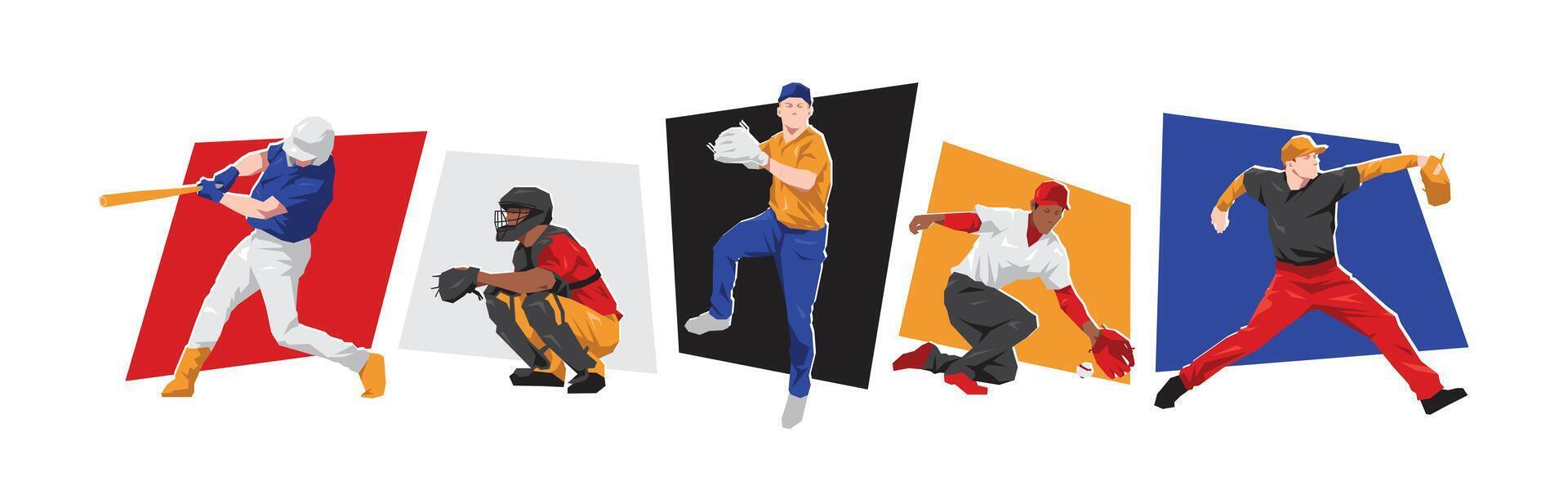 Set of male baseball player character with different poses. Isolated on white background. Flat illustration. vector