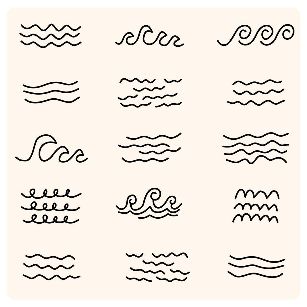 Sea hand drawn storm scribble icons set, simple wavy lines. Ocean water flow curve sketch vector