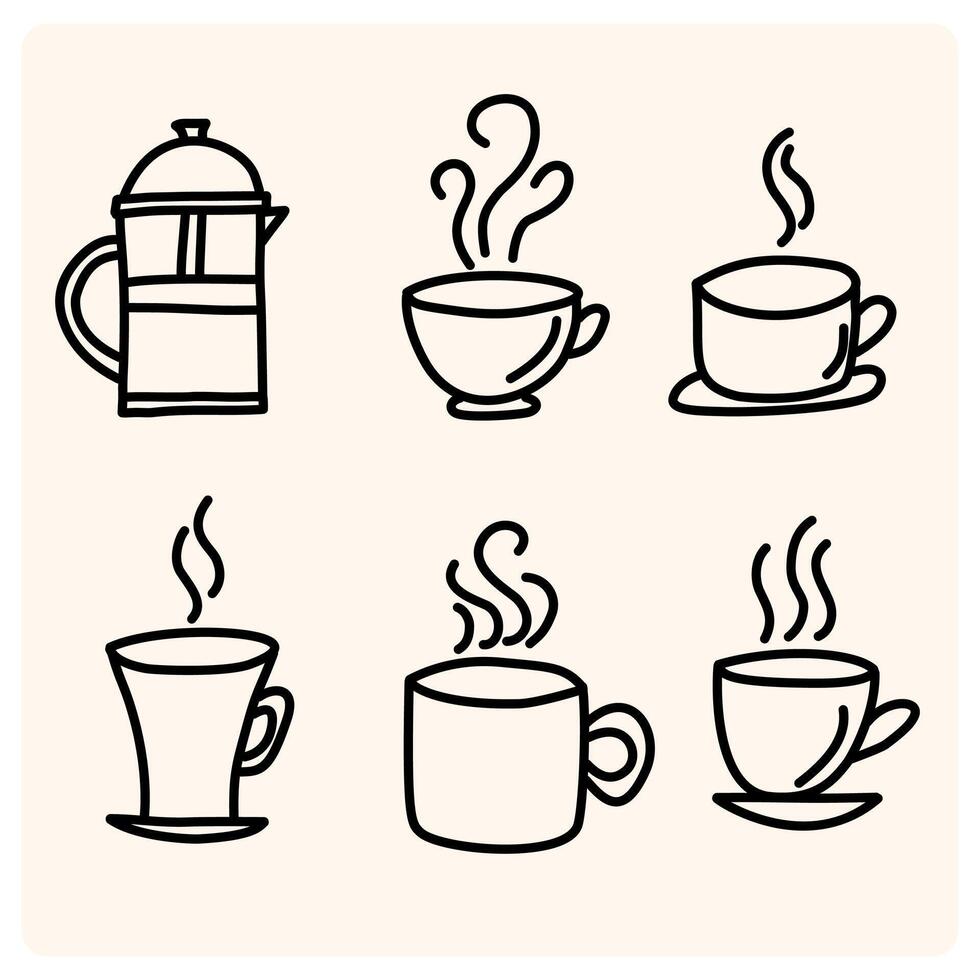 Hand drawn hot drinks set. Doodle coffee cups cream background. vector