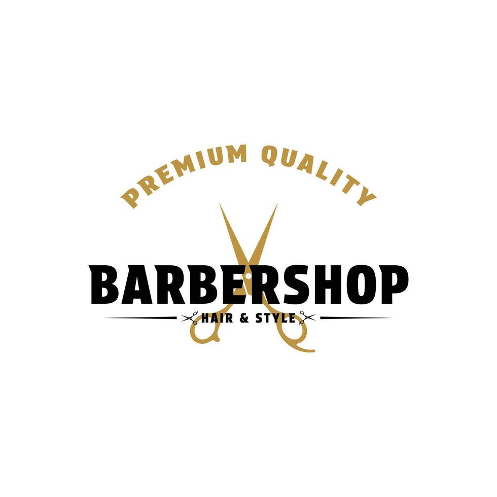 Barber shop logo design concept vintage style with scissor gold icon vector