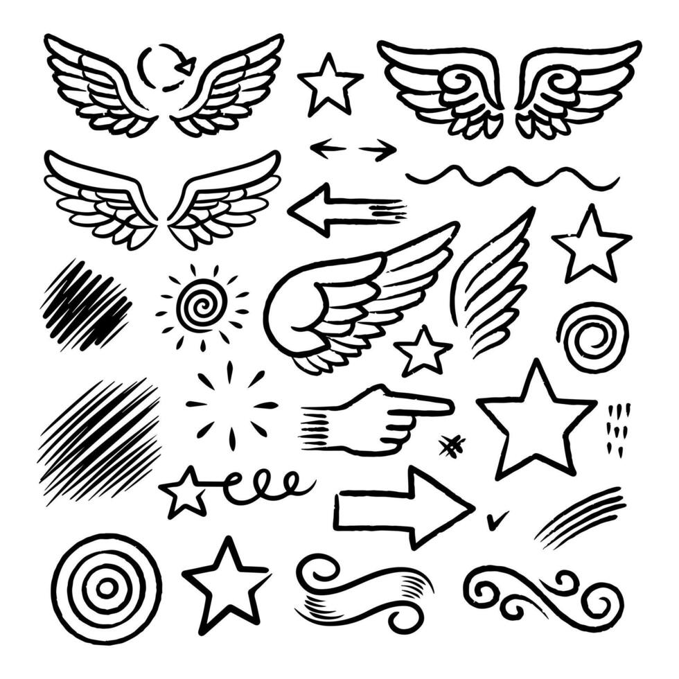Creative collection of doodle illustrations of wings, arrows, stars and other elements vector