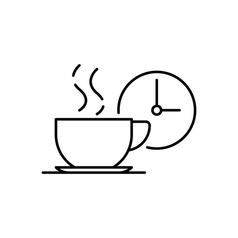 coffee break icon, time drink, cup with clock, thin line symbol, illustration vector