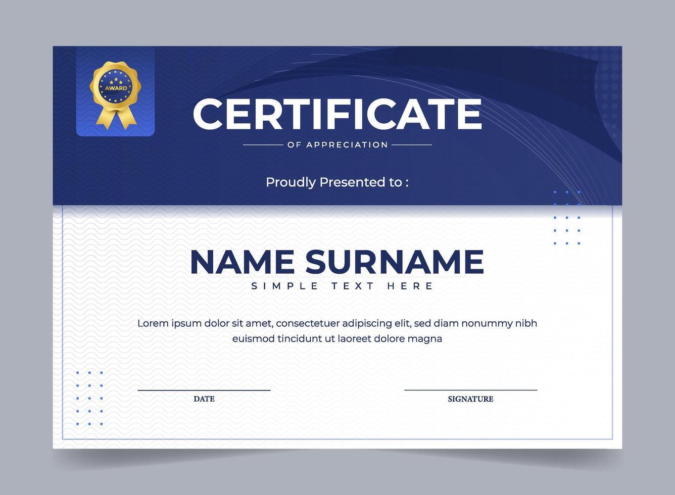 Elegant blue and gold certificate template with badge vector
