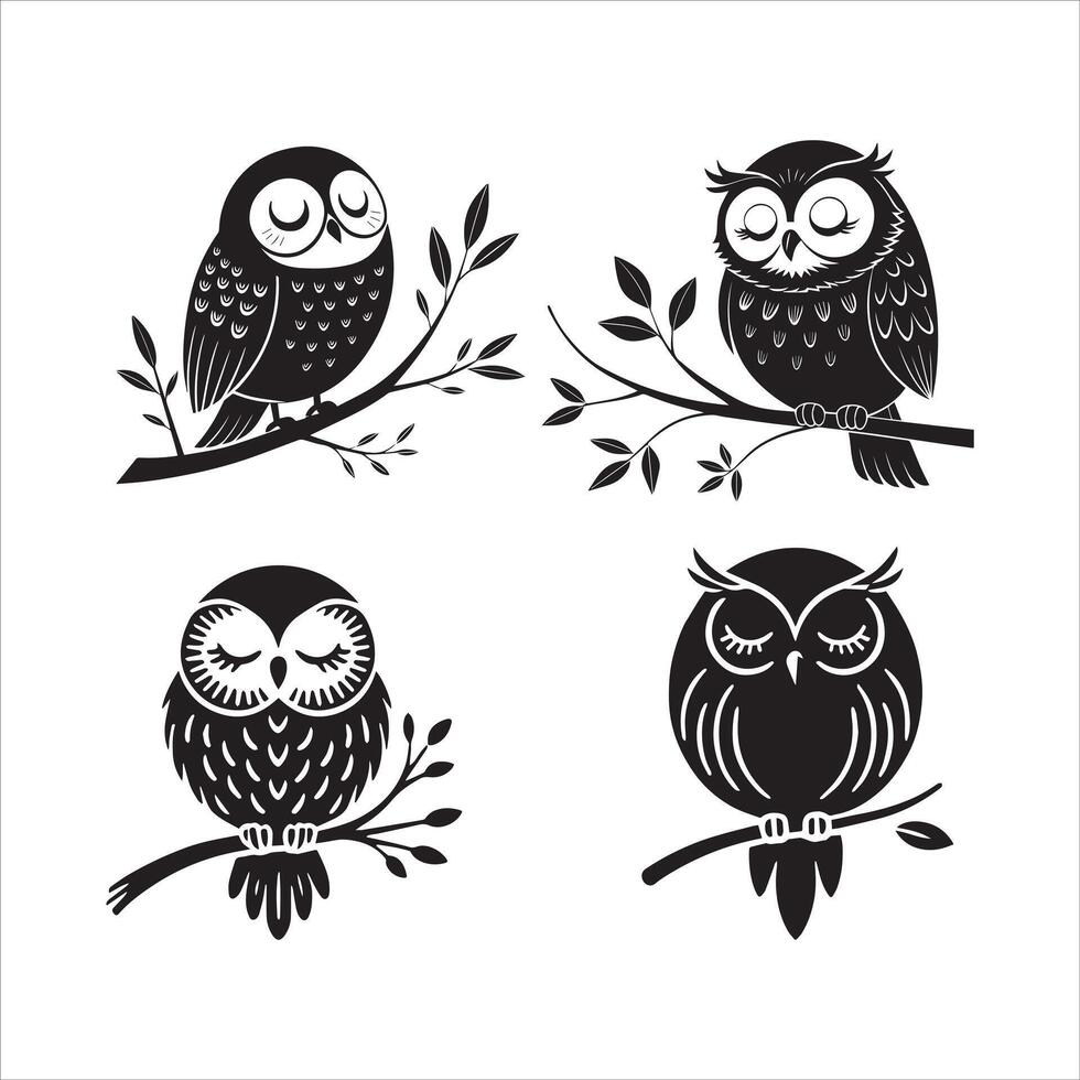 Sleeping Owls on Branches Silhouettes vector