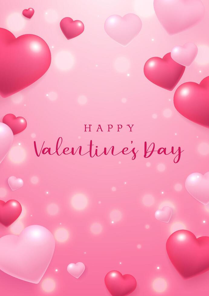 Valentine's Day poster design red pink heart balloons and shiny background vector