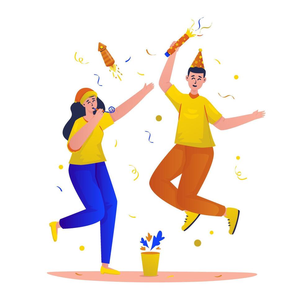 Happy couple character celebrating new year party flat illustration vector