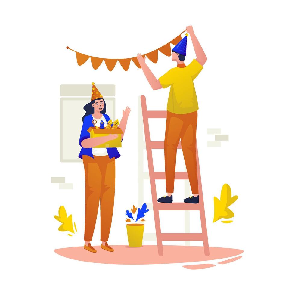 Flat design young couple character preparing party decoration vector