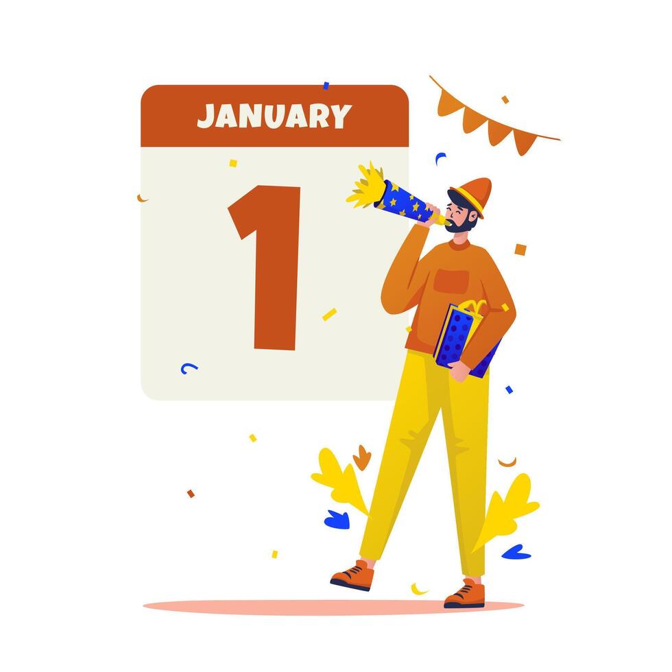 Flat design of a happy man character welcoming the new year vector