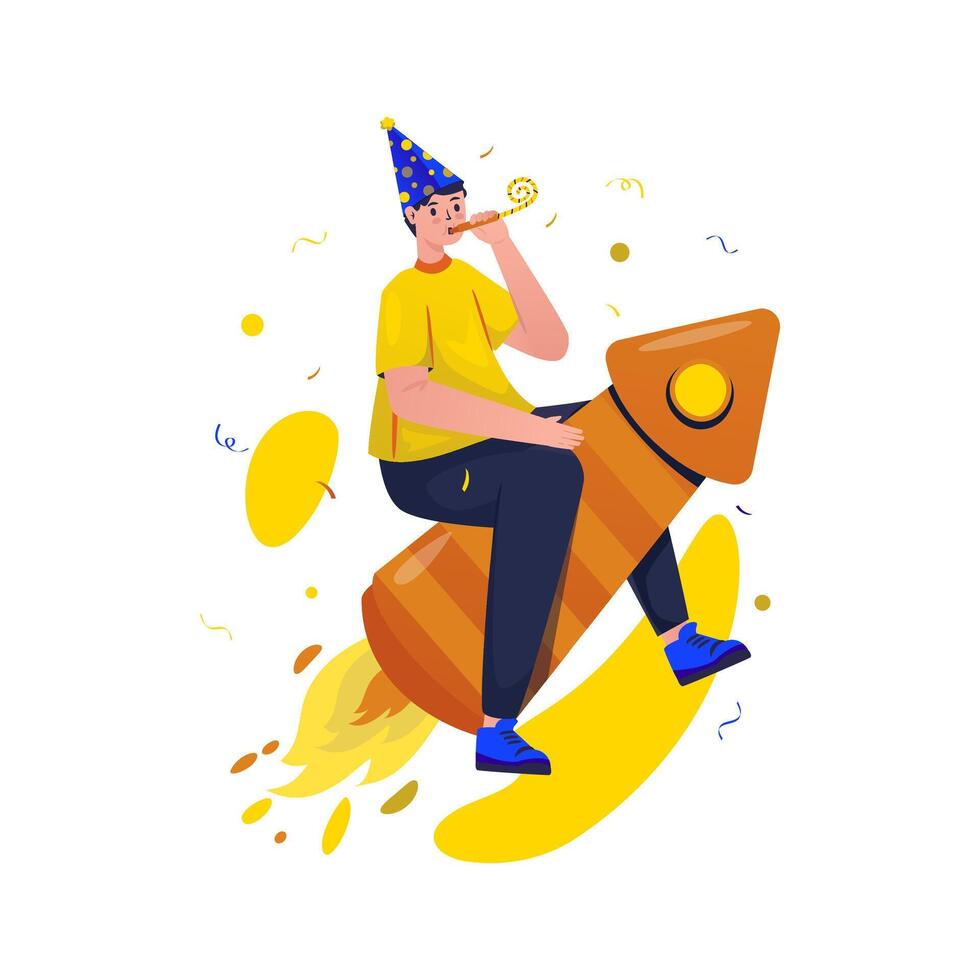 A man riding on firework celebrates new year flat illustration vector