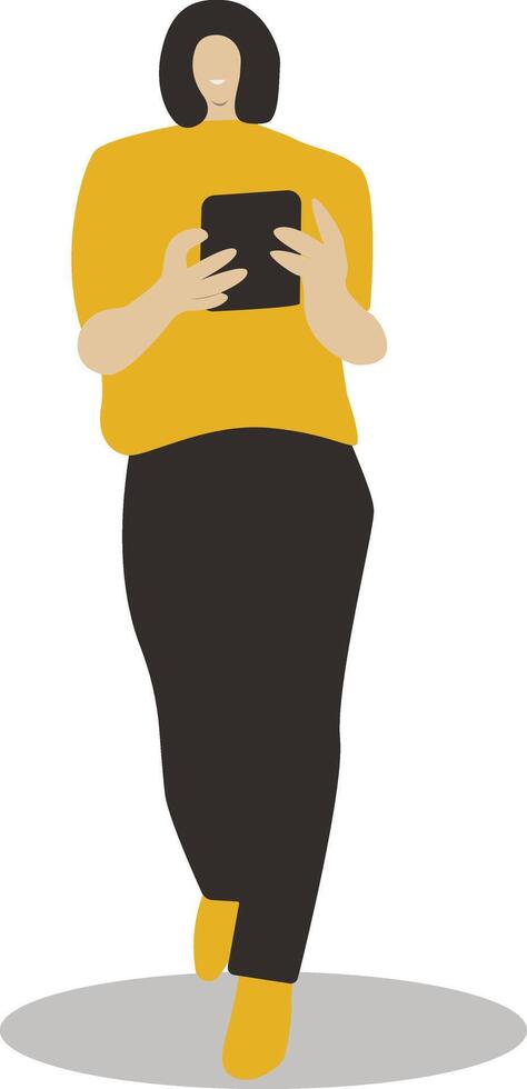 Woman Holding Mobile Phone with Yellow Clothes vector