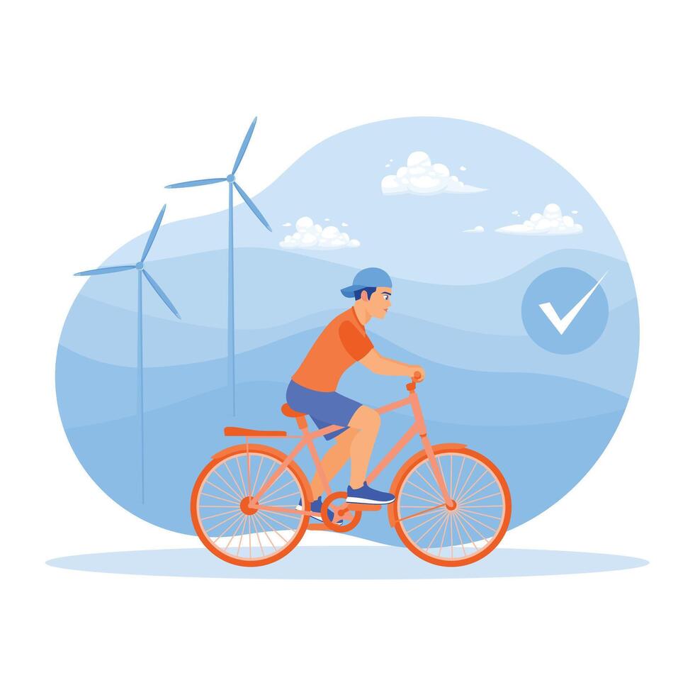 A man cycling in a green energy area with wind turbines. vector