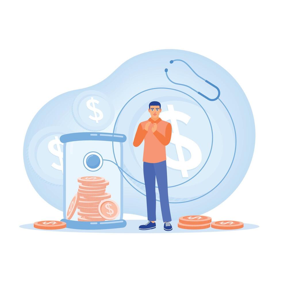 A man manages personal finances and budgets for health. vector