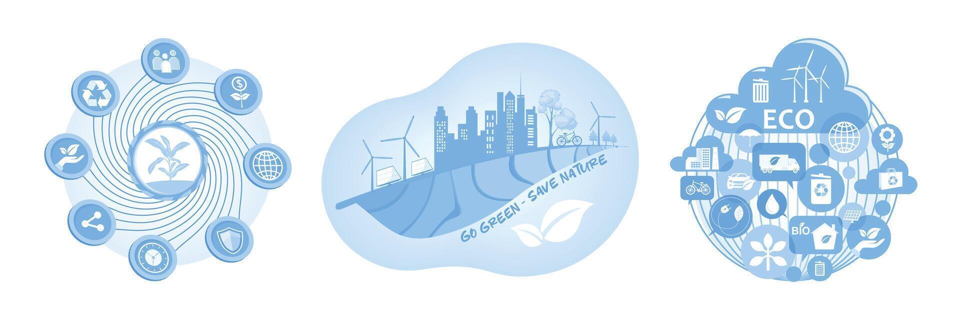 Sustainable eco initiatives representing renewable energy and environmental conservation concepts. vector