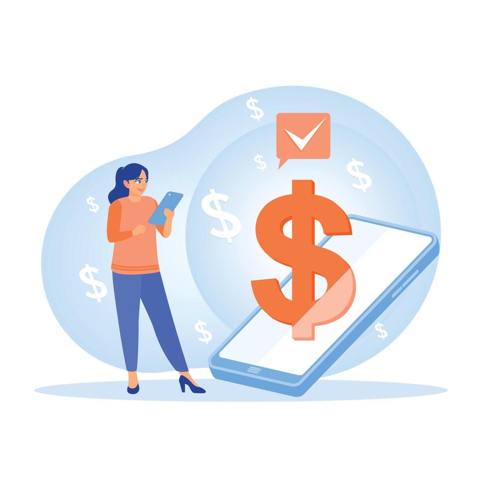 Woman with smartphone managing transactions and finances. vector