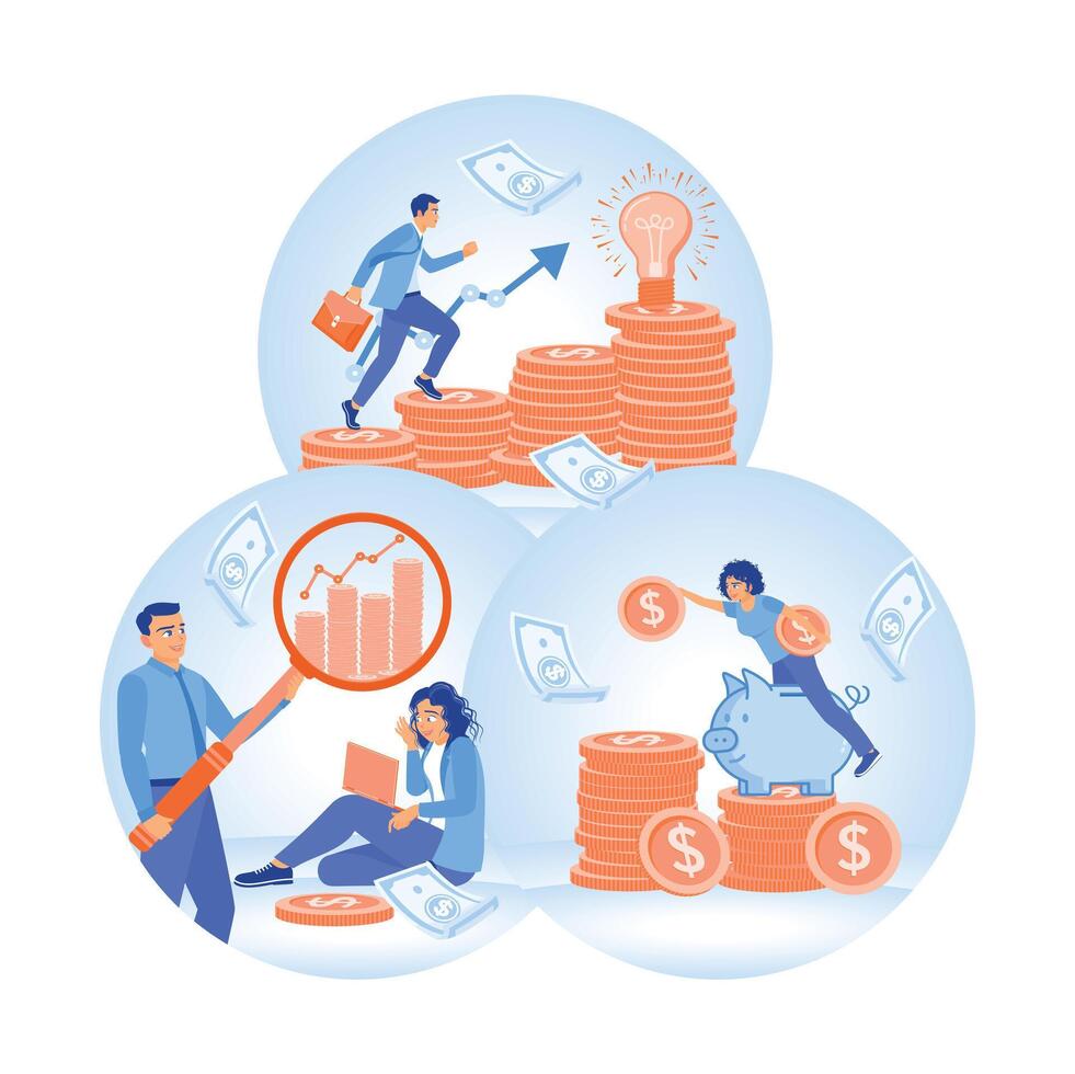 Financial and investment planning with piggy banks and charts. vector