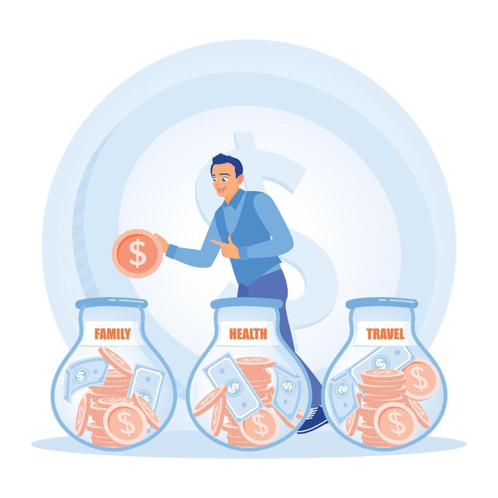 Men save money in a jar for family, health, and travel. vector