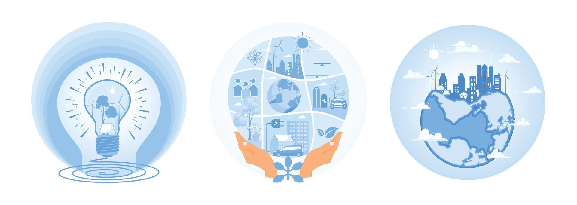 Sustainability and innovation concepts featuring green energy and future technologies. vector