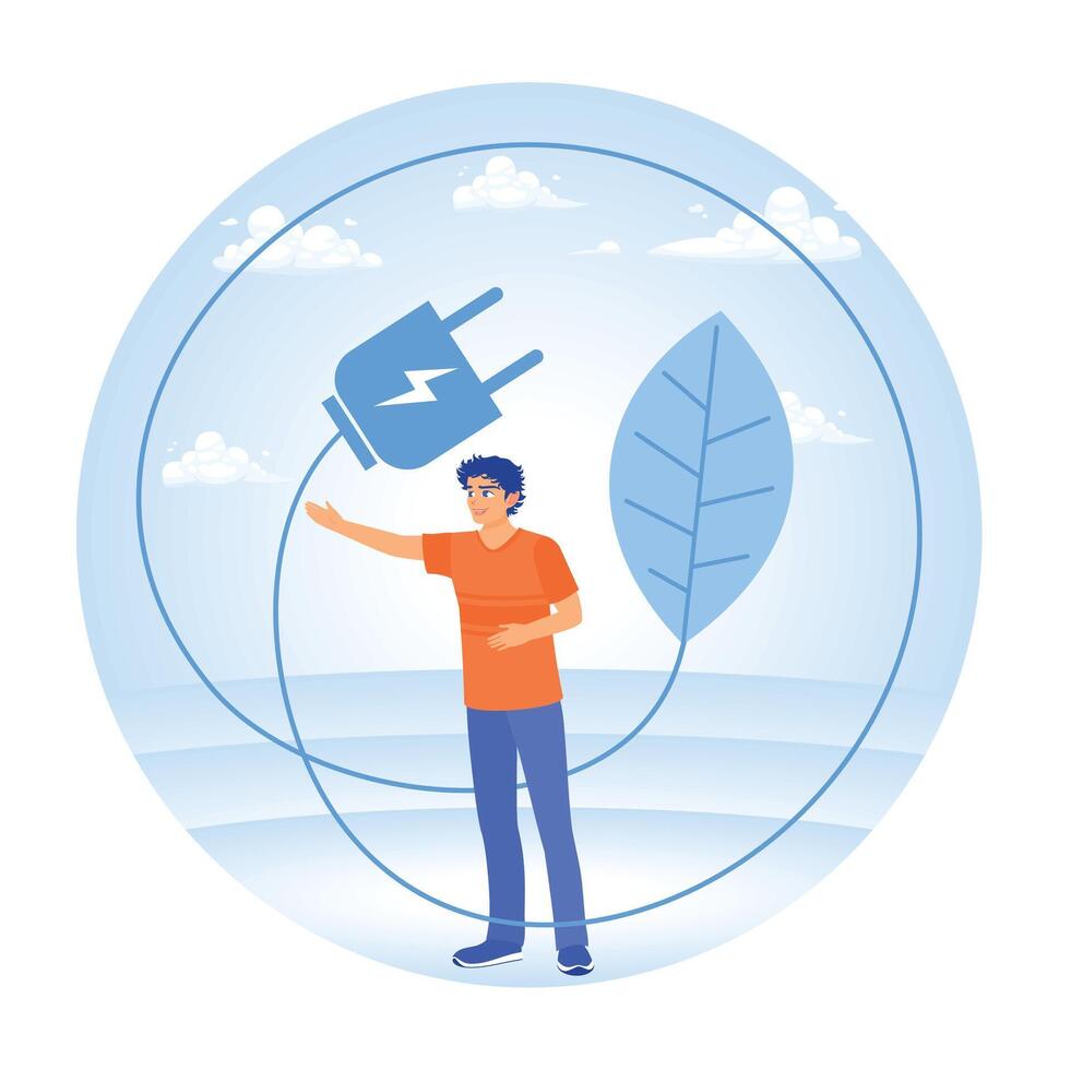 The concept of sustainable energy sees people using green electricity. vector