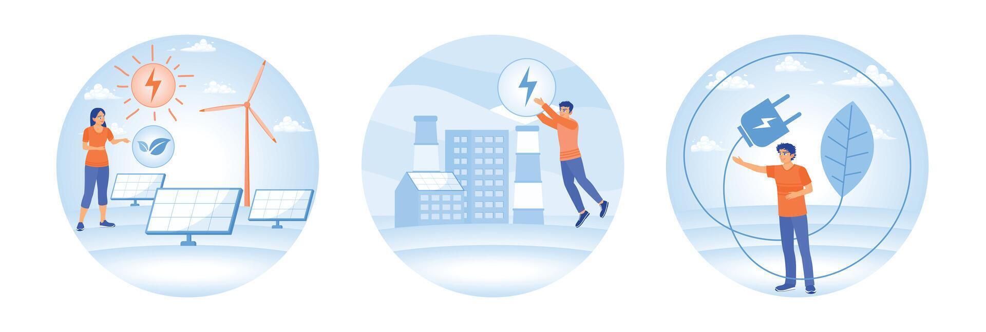 Sustainable energy concepts depicting solar, wind, and eco-friendly power solutions. vector