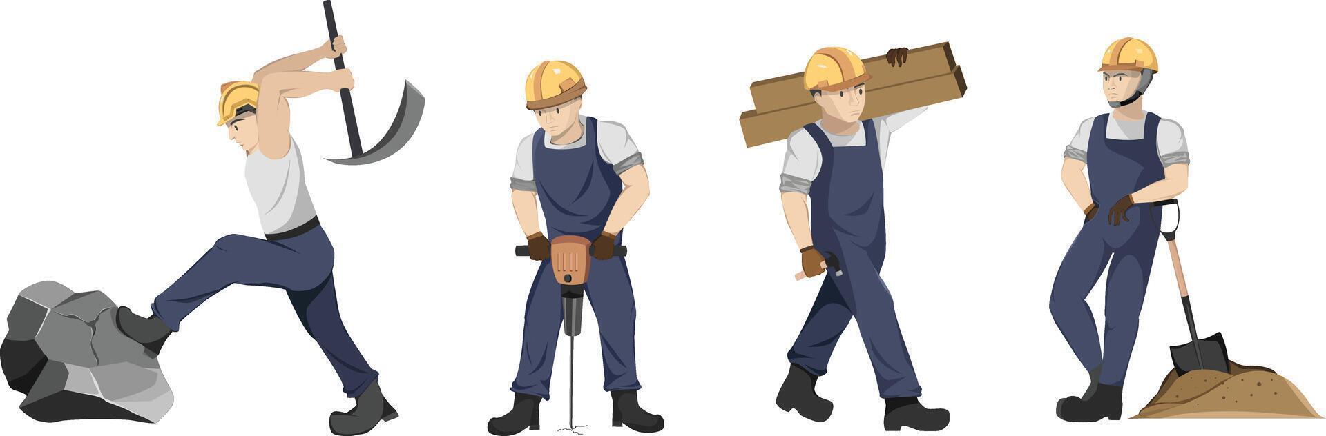 Isolated Set of characters of labor construction working. builders in uniform and helmet. Flat design and illustration. vector