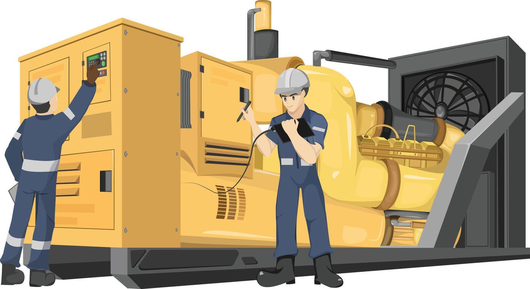 Power generators maintenance service team big diesel White Background. isolated and illustration. vector