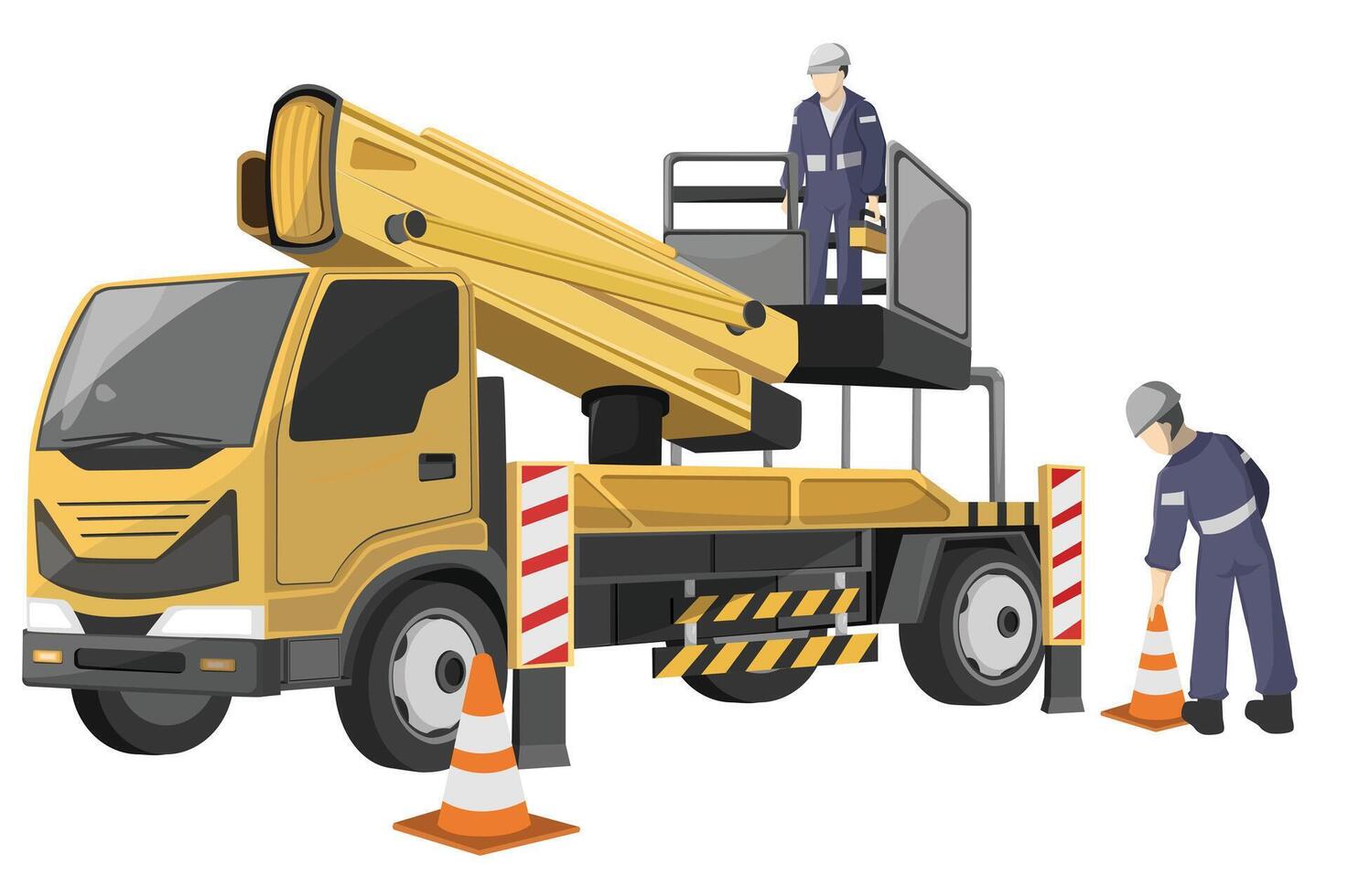 engineer maintenance working use Yellow boom lift truck. Flat Design Isolated illustration and White Background. vector