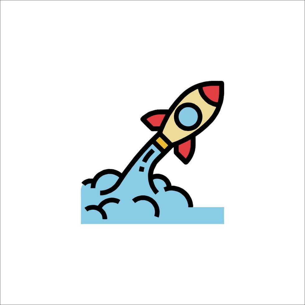 A rocket is flying through the air in a flat line vector